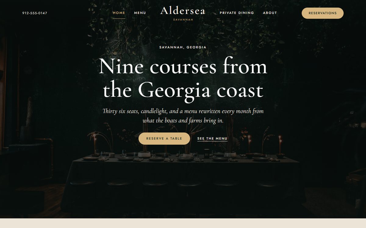 The Aldersea home page, a candlelit dining room filling the screen with the name centered above a reserve a table button