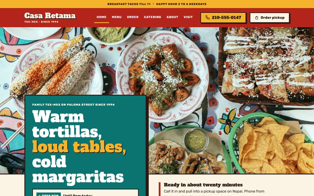 The Casa Retama home page, a turquoise card with a big headline and today's hours over a table full of Tex-Mex dishes